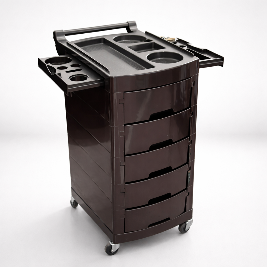 Brown rolling cart with multiple drawers and a tray on a white background