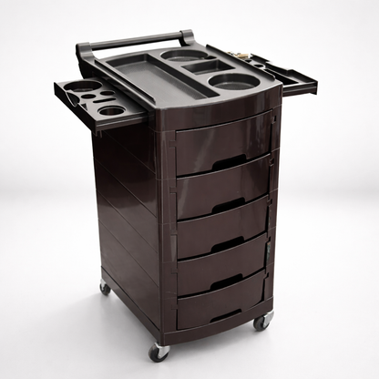 Brown rolling cart with multiple drawers and a tray on a white background