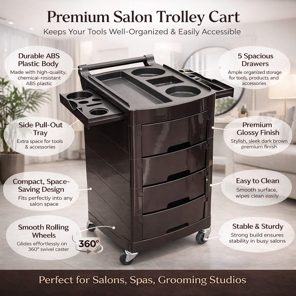 Premium salon trolley cart with features highlighted on a blurred salon background