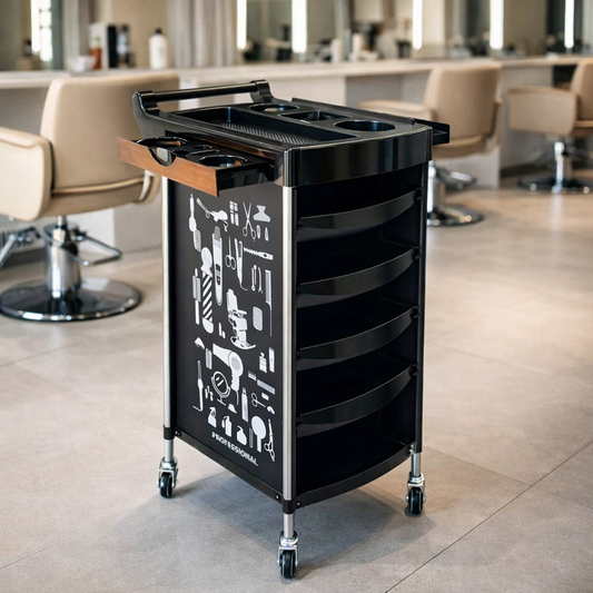 Black rolling cart with tool design in a salon setting