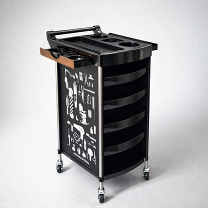Black rolling cart with tool compartments on a white background