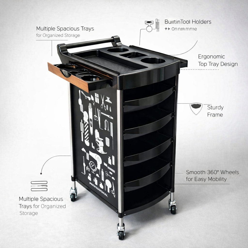 Black tool cart with multiple trays and tool holders on a white background