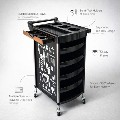 Black tool cart with multiple trays and tool holders on a white background