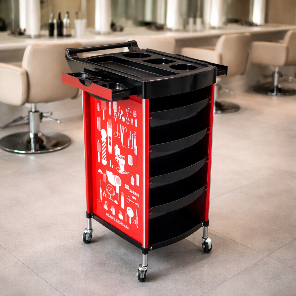 Red and black tool cart with barber shop-themed design in a salon setting
