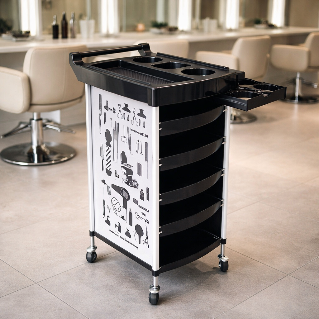 Barber cart with tool patterns in a salon setting