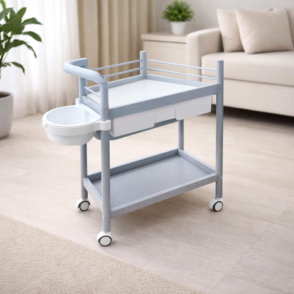 Gray utility cart with a sink attachment in a living room setting