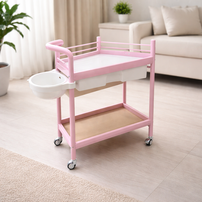 Pink utility cart with a sink in a living room setting