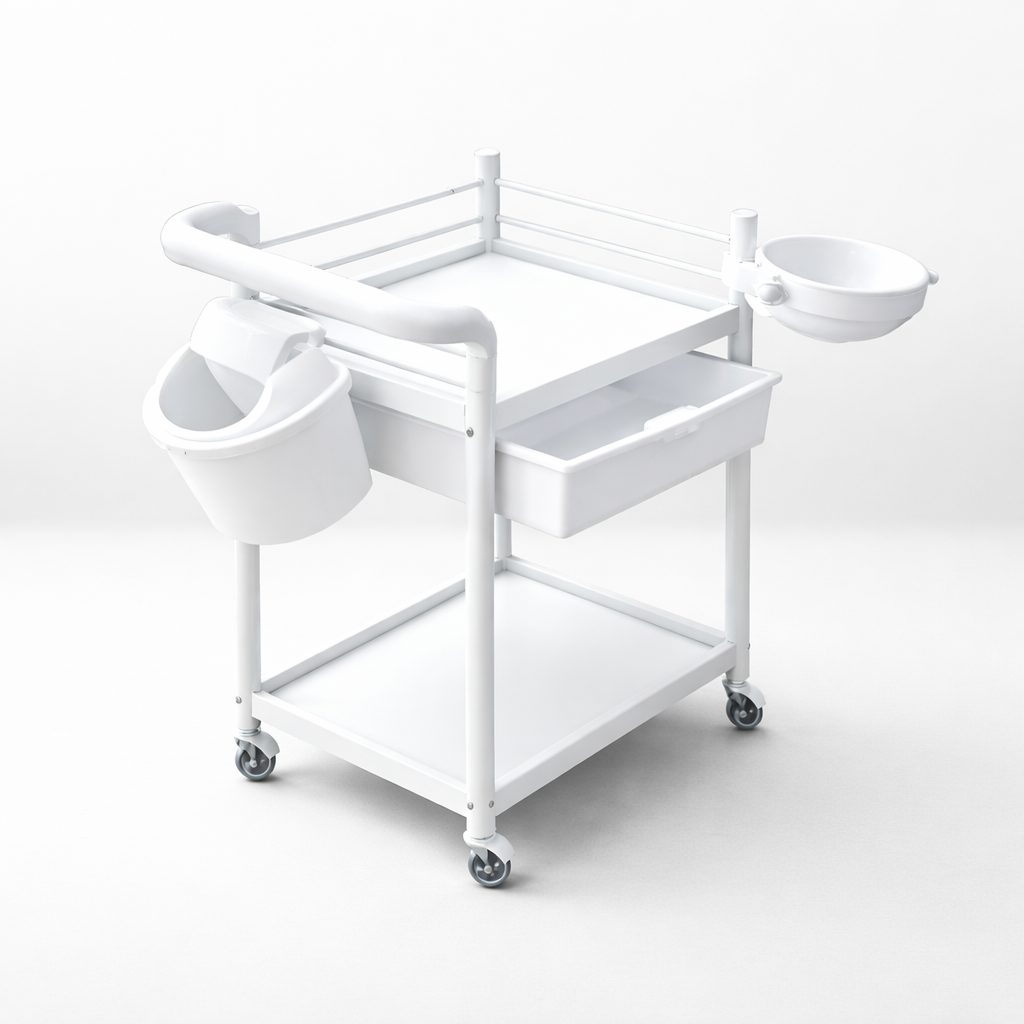 White medical cart with bowls on a white background