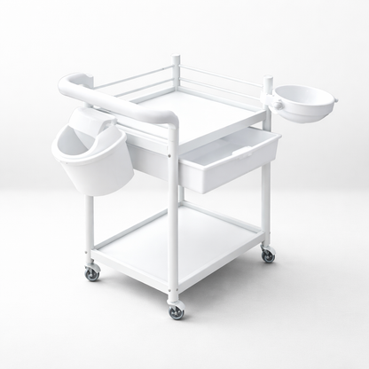 White medical cart with bowls on a white background