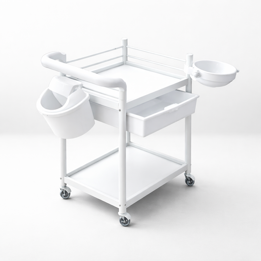 White medical cart with bowls on a white background