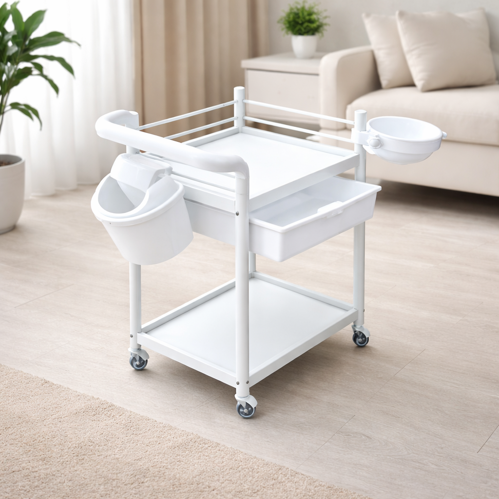 White trolley with bowls in a living room setting