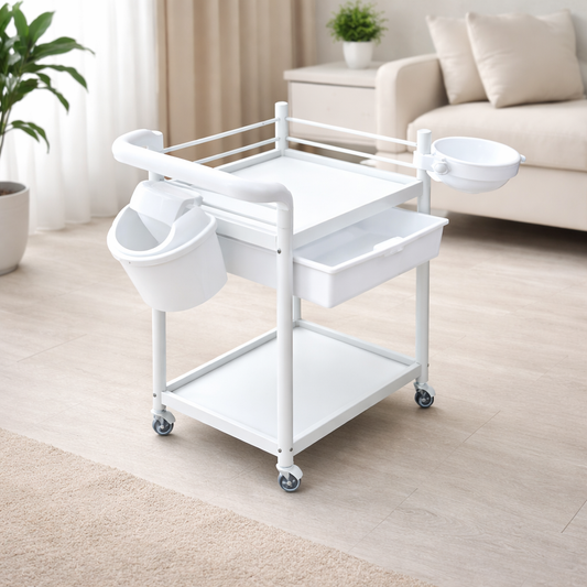 White trolley with bowls in a living room setting