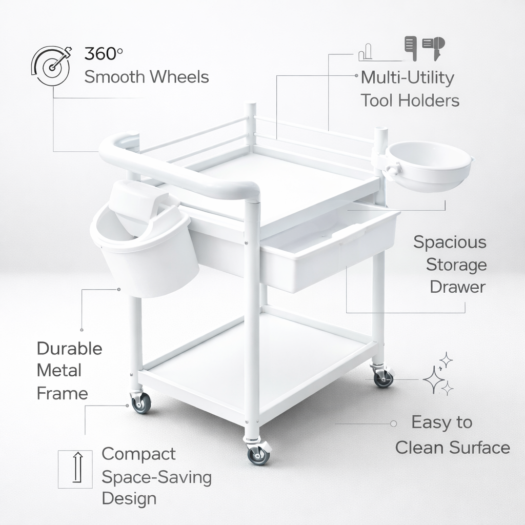 White utility cart with features highlighted on a light gray background