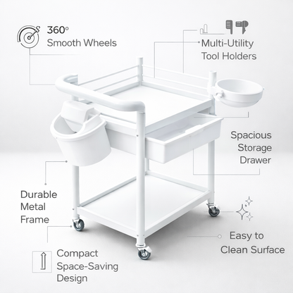 White utility cart with features highlighted on a light gray background