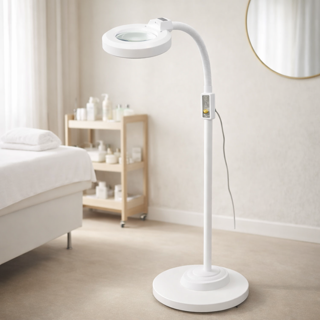 White floor lamp with magnifying glass in a bedroom setting