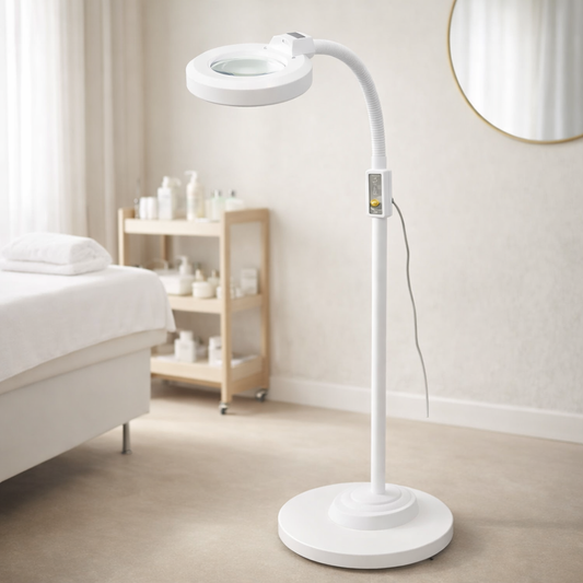 White floor lamp with magnifying glass in a bedroom setting