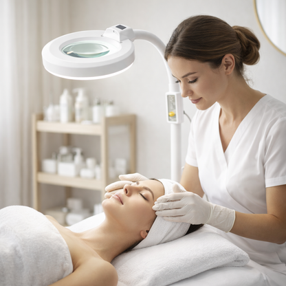 Woman receiving a facial treatment in a spa setting with a beautician using a magnifying lamp.