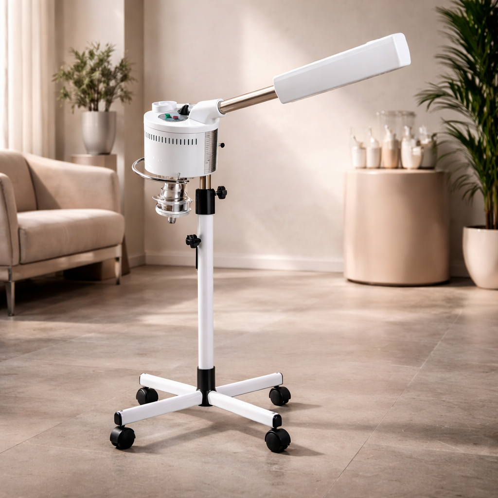 White adjustable stand with a handle in a room with a couch and plants
