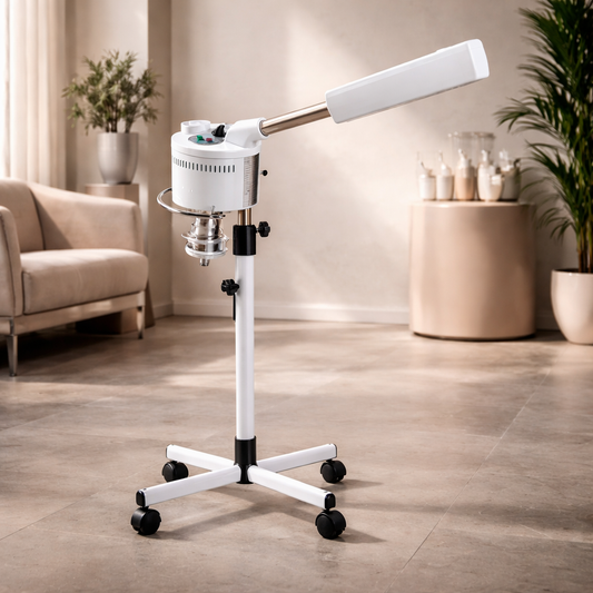 White adjustable stand with a handle in a room with a couch and plants