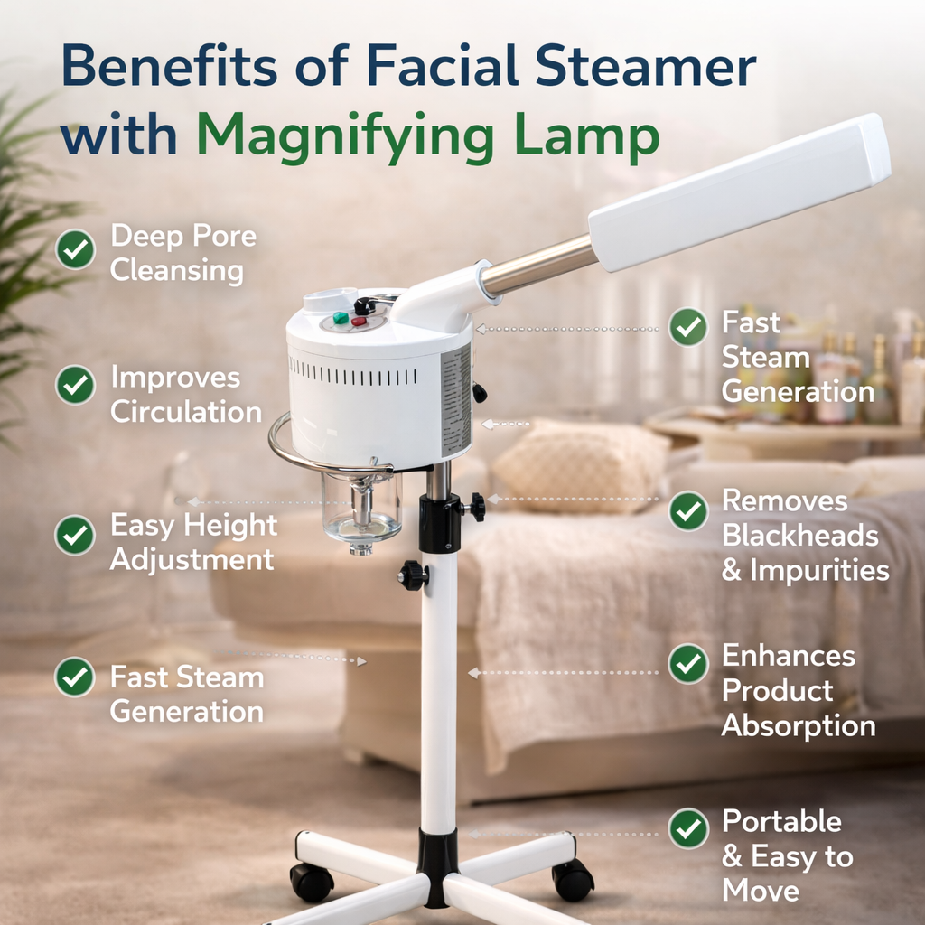 Facial steamer with magnifying lamp and its benefits listed on a blurred background