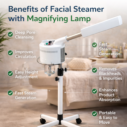 Facial steamer with magnifying lamp and its benefits listed on a blurred background