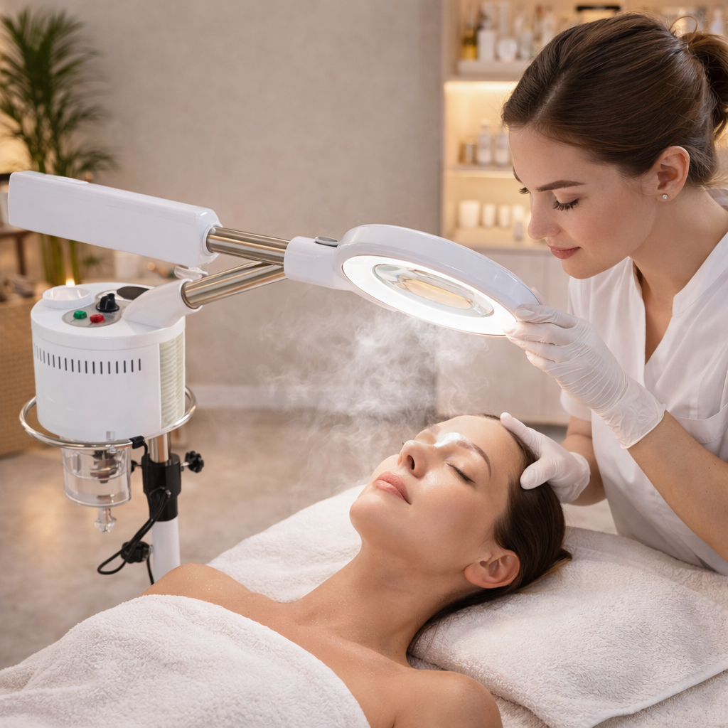 Woman receiving a facial treatment with a professional in a spa setting.
