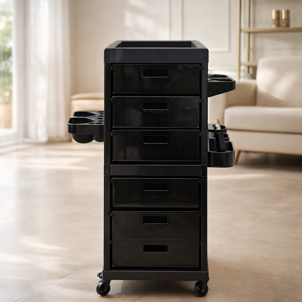 Black rolling cart with multiple drawers in a living room setting