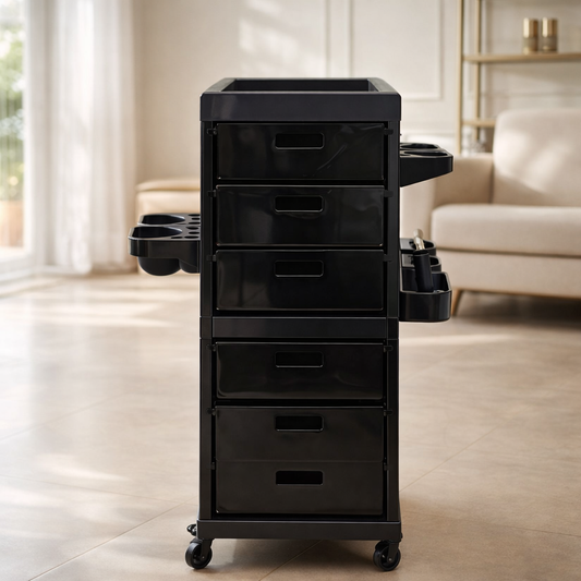 Black rolling cart with multiple drawers in a living room setting