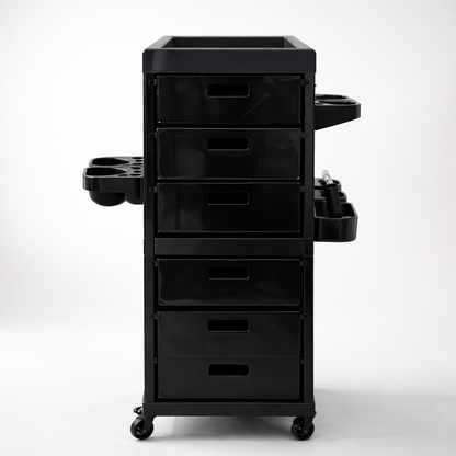 Black rolling cart with multiple drawers and storage compartments on a white background