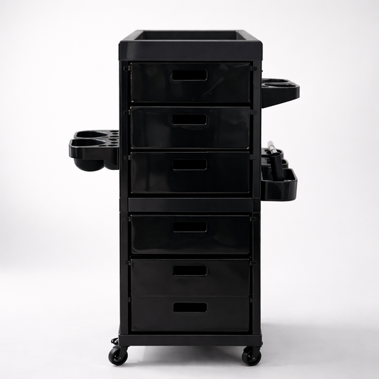 Black rolling cart with multiple drawers and storage compartments on a white background