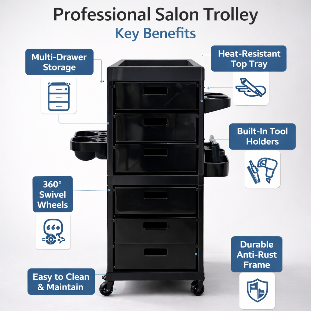 Black professional salon trolley with key benefits highlighted on a white background