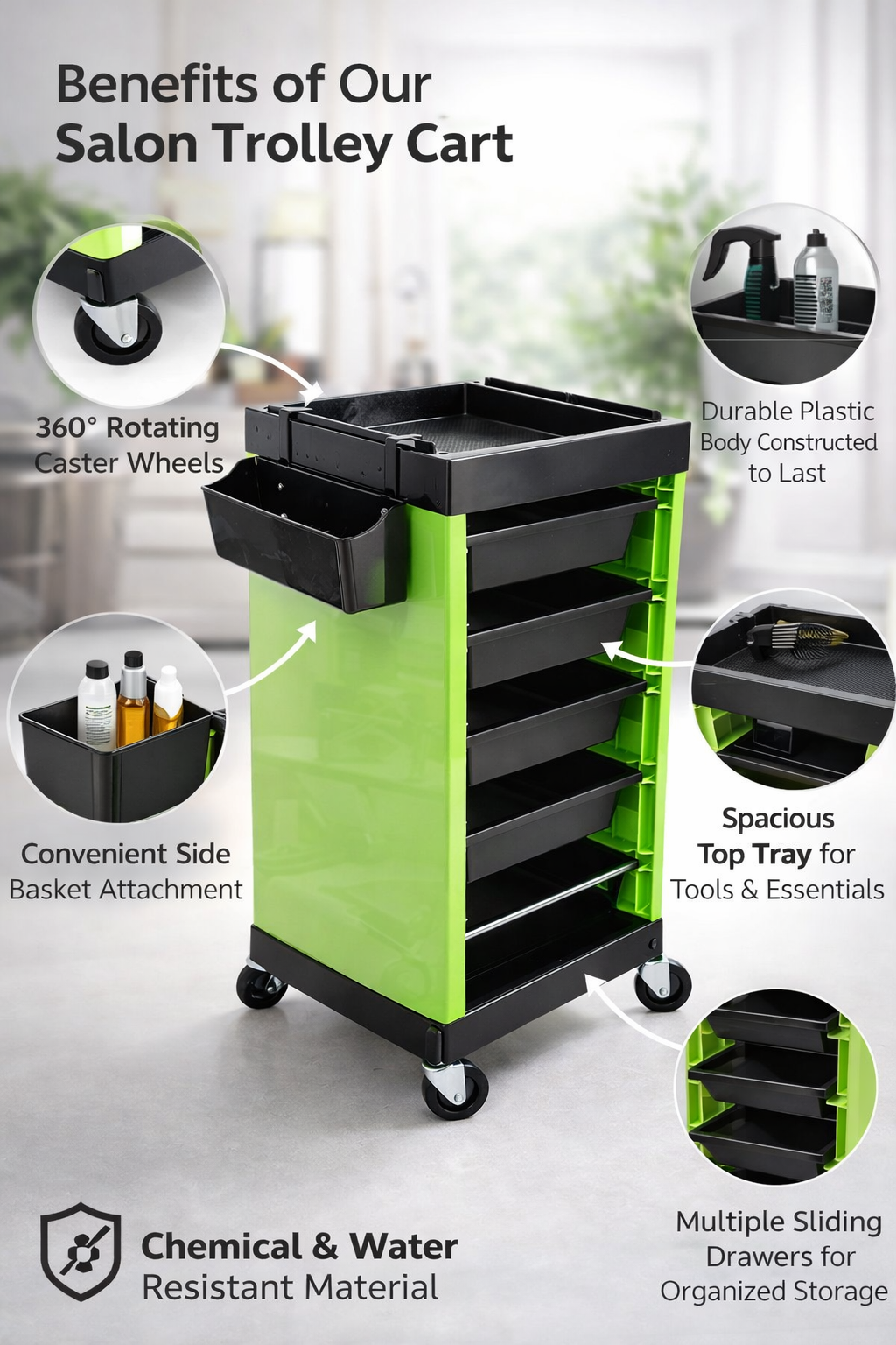 Salon trolley cart with features highlighted on a blurred background