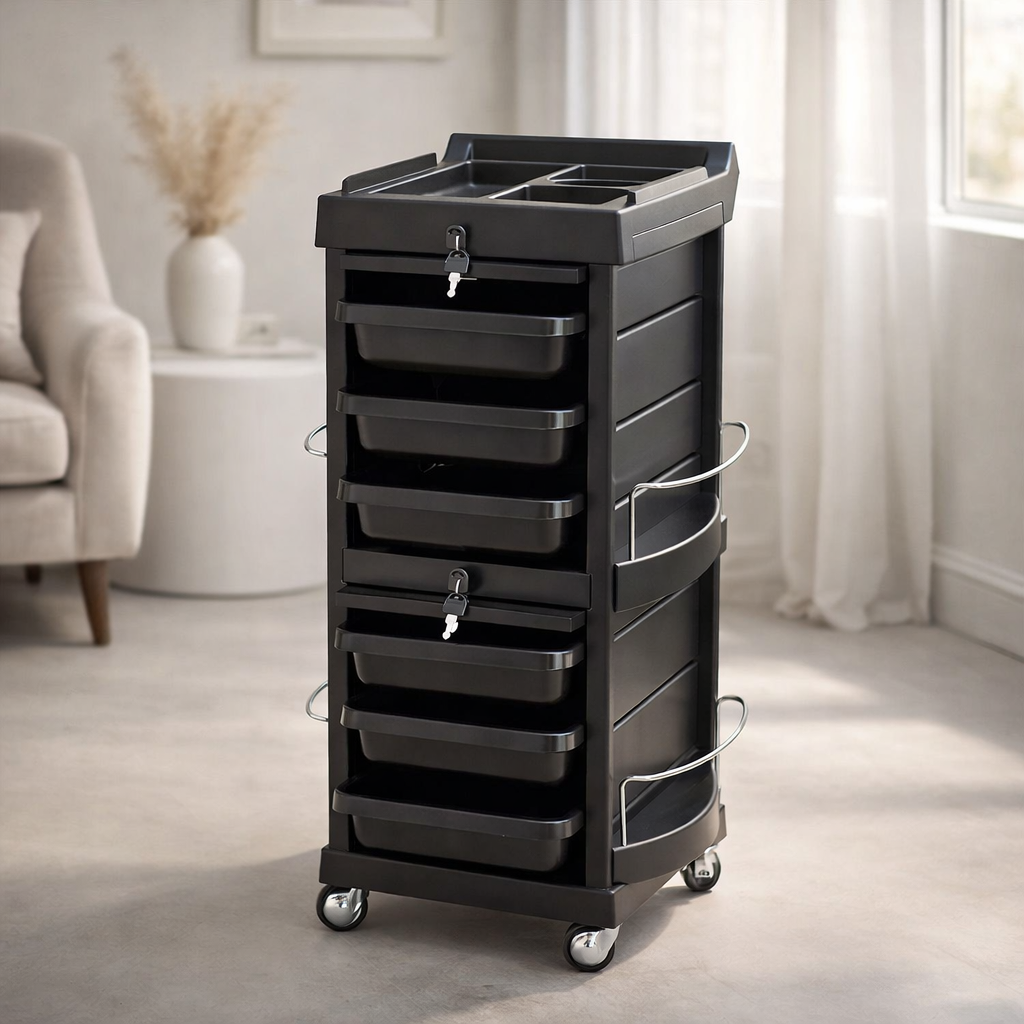 Black rolling cart with multiple drawers in a room setting