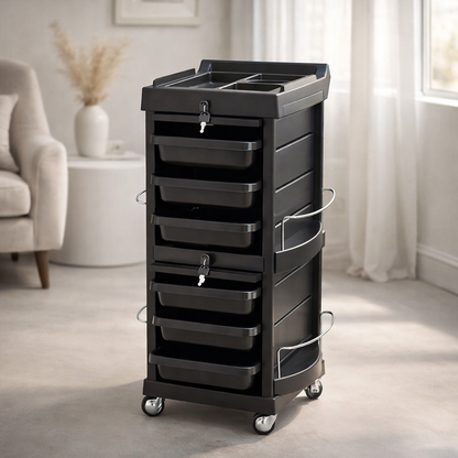 Black rolling cart with multiple drawers in a room setting