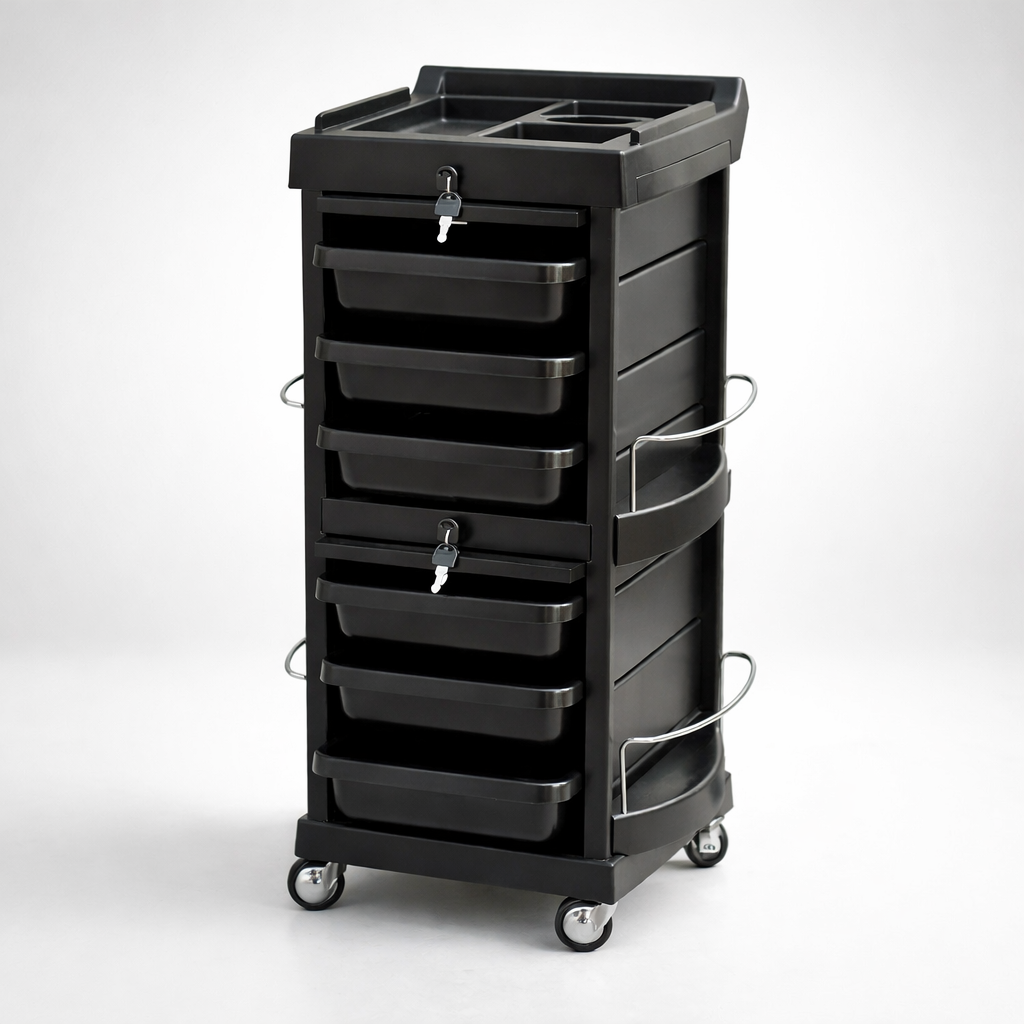 Black rolling cart with multiple drawers in a room setting