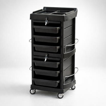 Black rolling cart with multiple drawers in a room setting