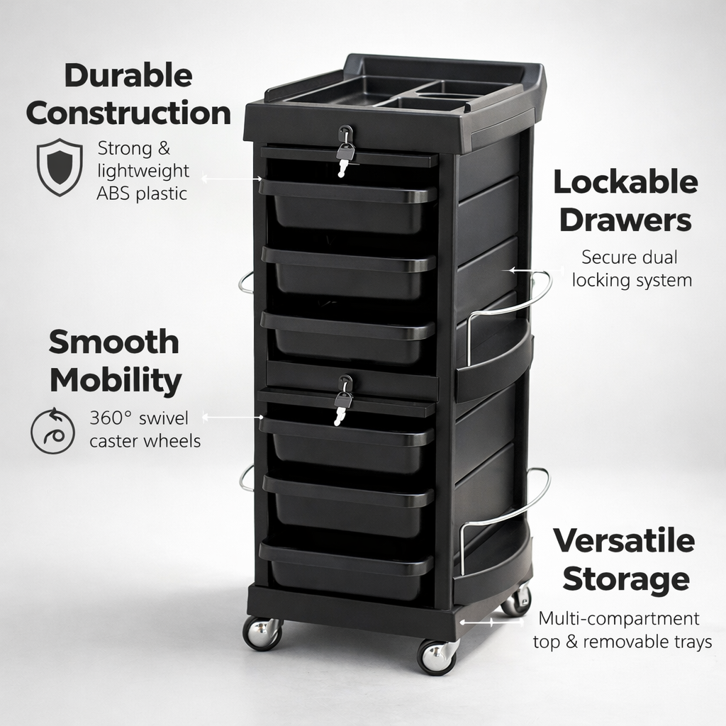 Black storage cart with features highlighted on a white background