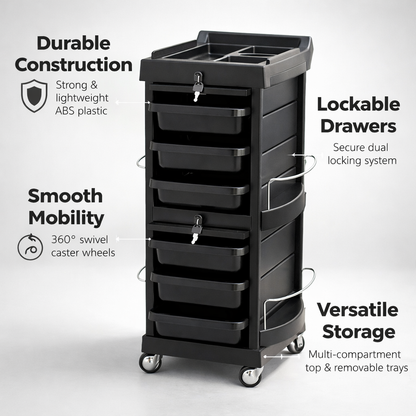 Black storage cart with features highlighted on a white background