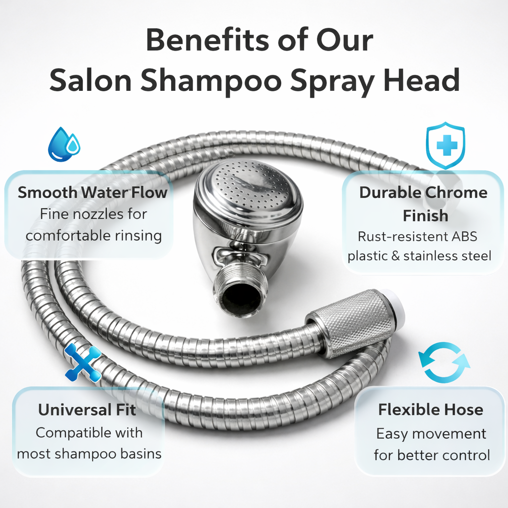 Lotus Salon Shampoo Spray Head with Flexible Hose – Chrome Handheld Shower for Shampoo Basin, Durable Hair Wash Equipment (Pack of 50)