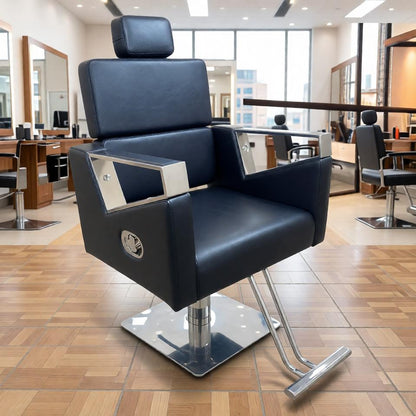 Modern Professional Hydraulic Reclining Barber Chair with Headrest – Heavy Duty Luxury Salon Styling Chair (Black)
