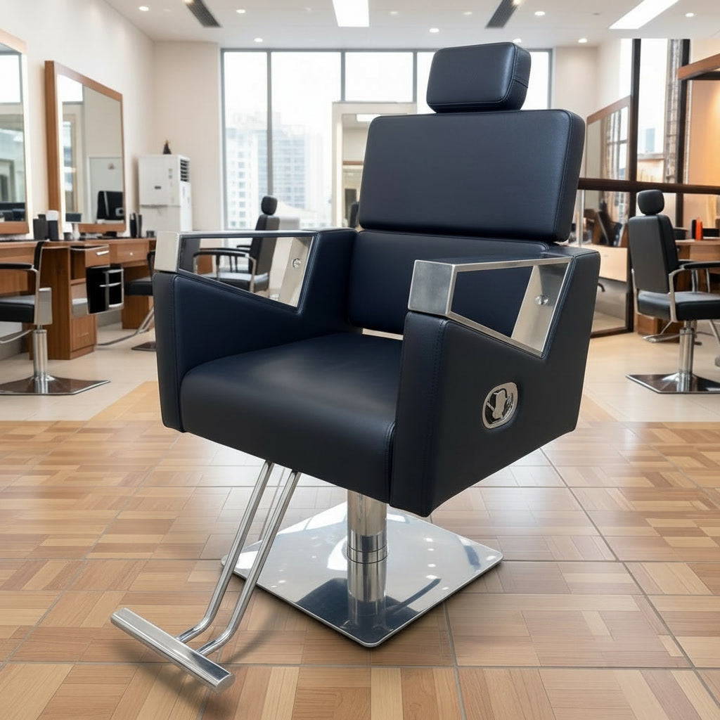 Modern Professional Hydraulic Reclining Barber Chair with Headrest – Heavy Duty Luxury Salon Styling Chair (Black)
