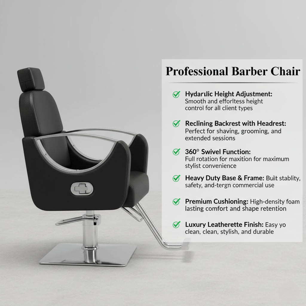 Professional Hydraulic Reclining Barber Chair with Headrest – Heavy Duty Luxury Salon Styling Chair (Black)