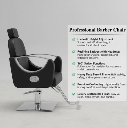 Professional Hydraulic Reclining Barber Chair with Headrest – Heavy Duty Luxury Salon Styling Chair (Black)