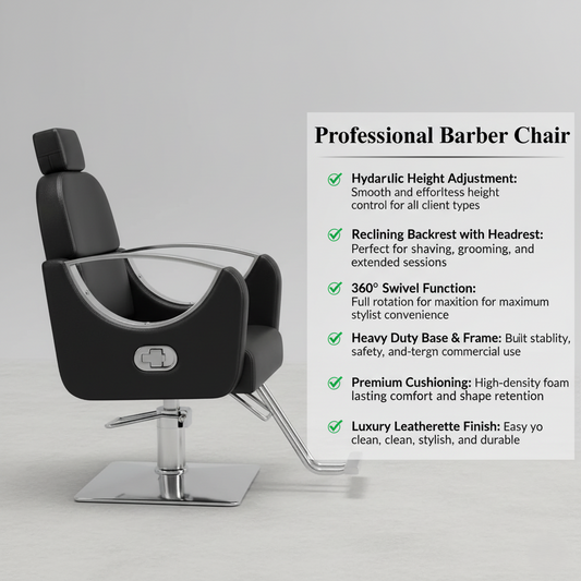 Professional Hydraulic Reclining Barber Chair with Headrest – Heavy Duty Luxury Salon Styling Chair (Black)