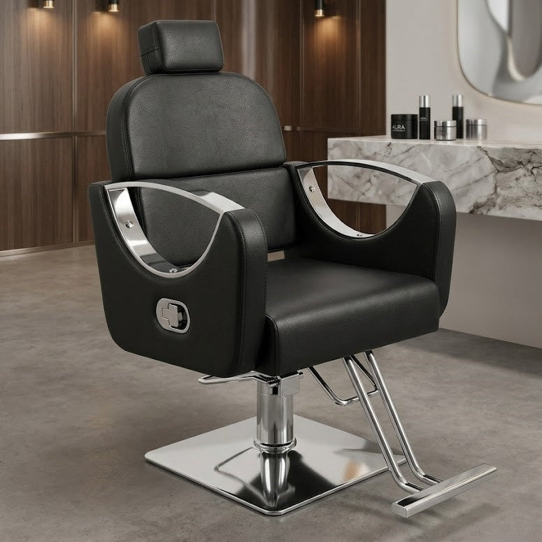 Barber chair in a salon setting with wooden walls and a mirror.