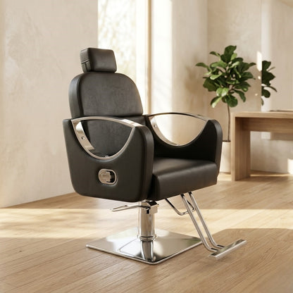 Professional Hydraulic Reclining Barber Chair with Headrest – Heavy Duty Luxury Salon Styling Chair (Black)