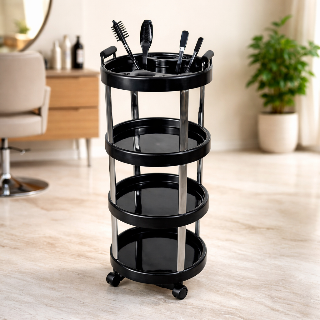 Black rolling cart with hair styling tools in a salon setting