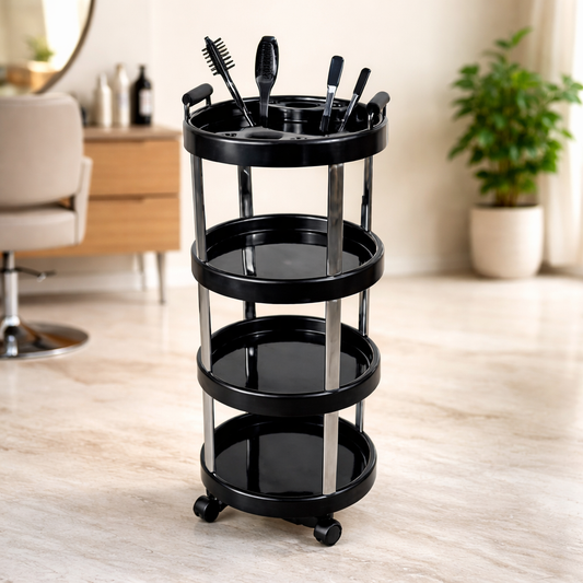 Black rolling cart with hair styling tools in a salon setting