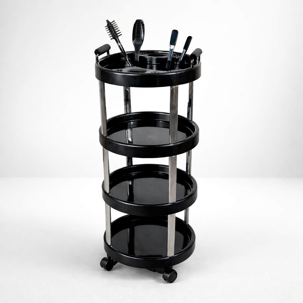 Black rolling cart with grooming tools on a white background