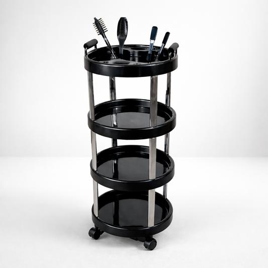 Black rolling cart with grooming tools on a white background
